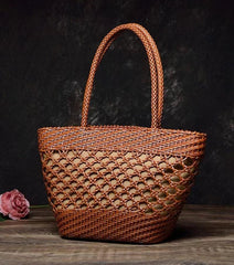 Handwoven Interwoven Cowhide Leather Tote Bag, Small Handle Bucket Bag, Woven Purse Women Classic Bag, Designer Basket Bag, Summer Beach Bag