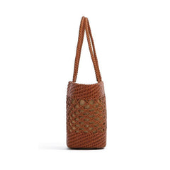 Handwoven Interwoven Cowhide Leather Tote Bag, Small Handle Bucket Bag, Woven Purse Women Classic Bag, Designer Basket Bag, Summer Beach Bag