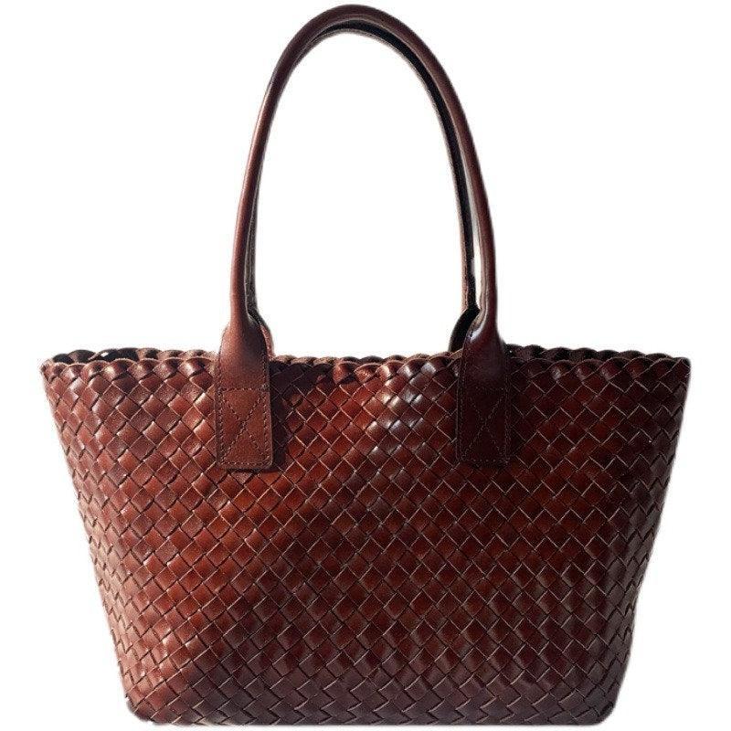 HandwovenCowhide Leather Tote bag, Ladies' Handbag, Woven Triple Jump Bamboo Hobo Holiday Bag, Beach Basket Shoulder Bag, Designer Woven Bag