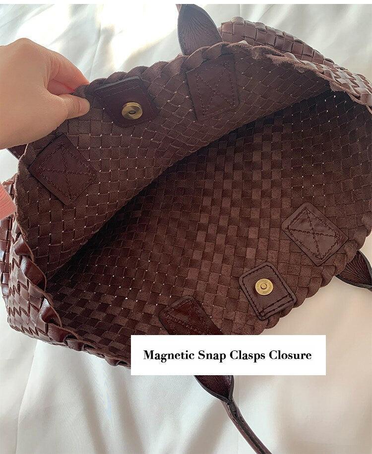 HandwovenCowhide Leather Tote bag, Ladies' Handbag, Woven Triple Jump Bamboo Hobo Holiday Bag, Beach Basket Shoulder Bag, Designer Woven Bag