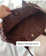 HandwovenCowhide Leather Tote bag, Ladies' Handbag, Woven Triple Jump Bamboo Hobo Holiday Bag, Beach Basket Shoulder Bag, Designer Woven Bag