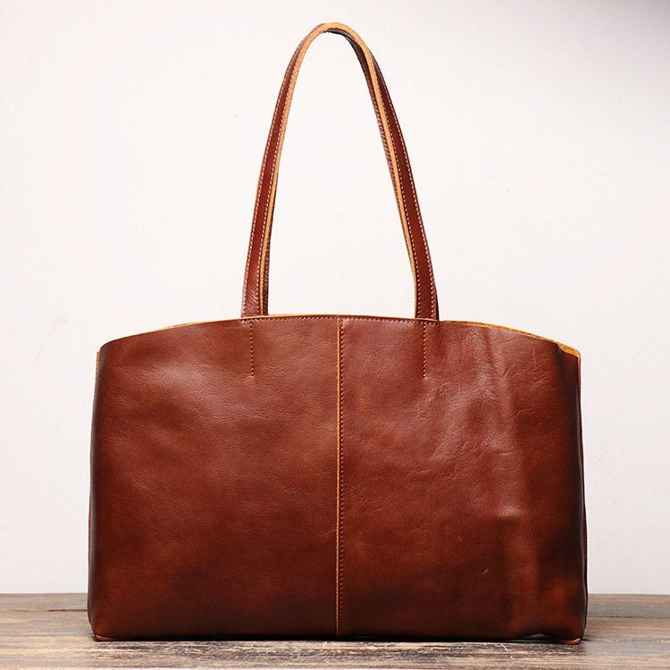 Minimalist Full Grain Leather Tote Bag Casual Leather Bag Women Large Shopper Bag Leather Diaper Bag Slouchy Tote Top Handle Shoulder Bag