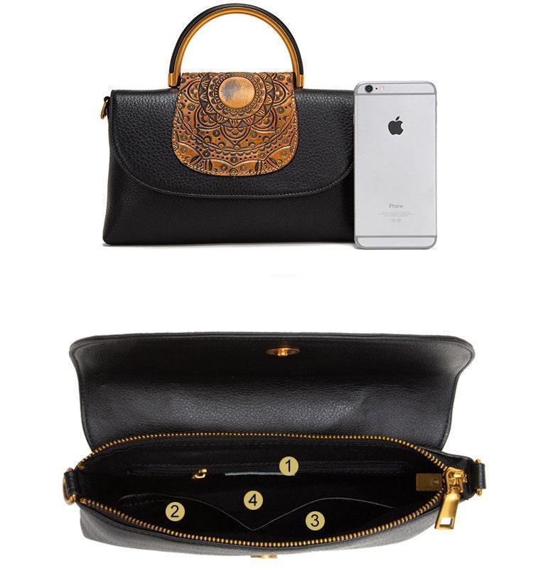 Black leather handbag with embossed tan flap, gold handle, and organized interior compartments