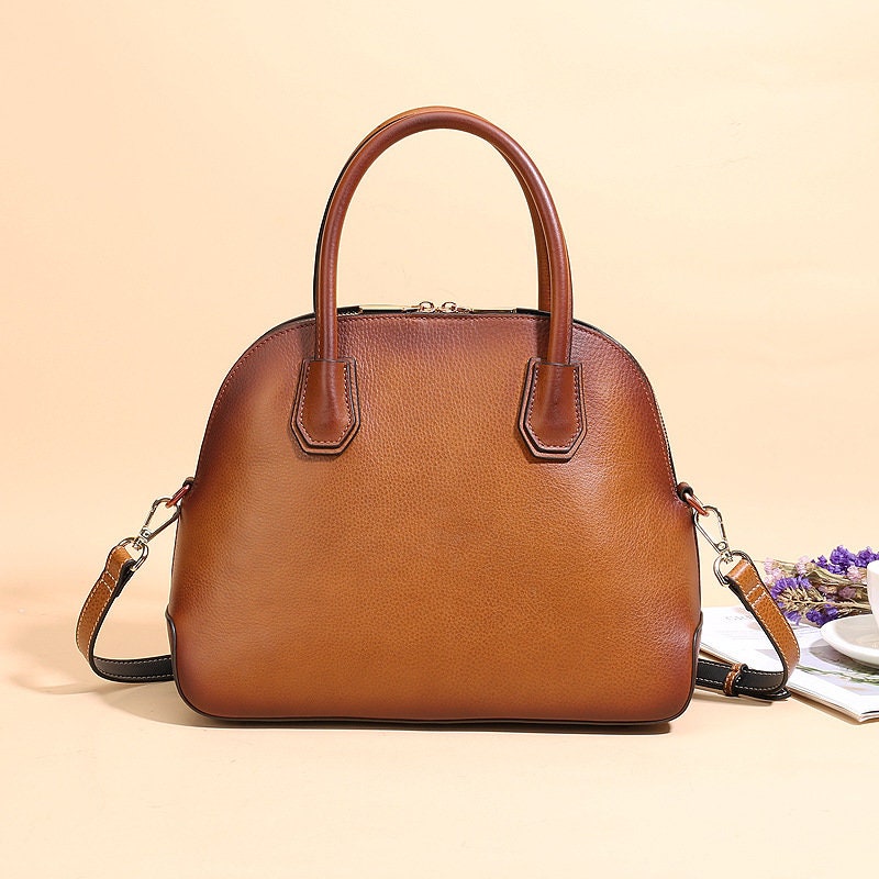 Full-Grain Leather Handbag with Zipper, Vintage Brown Leather Shoulder Bag, Work Bag, Gift for Her, Leather Mothers Day Gift for Her