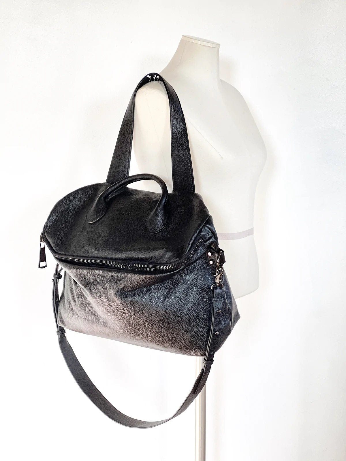 Alexel Jolie Large Italy Leather Zipper Bag, Grain Leather Shoulder Bag, Lady Fashion Bag Yellow, Travel Crossbody Bag, Gift for Her, black