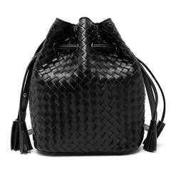 Leather bucket bag in handwoven distressed, Lambskin drawstring bag medium purse womens cinch bag crossbody crossover, classic bucket bag