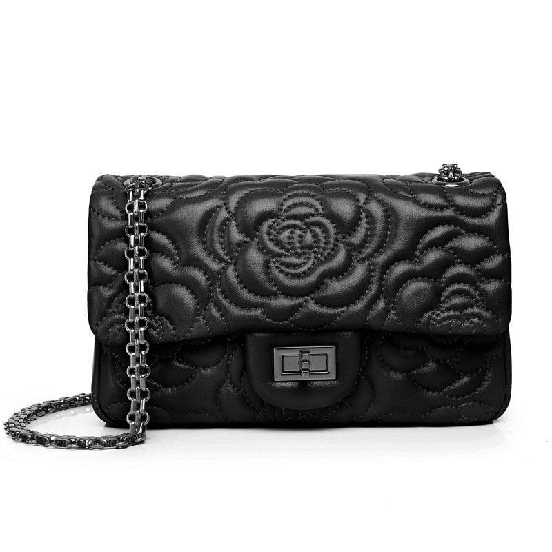 Classic Style Camellia Genuine Leather Shoulder Bag, Minimalist Bag, Iconic Black Crossbody Bag, Quilted Elegant Bag, Eternal Fashion Bag, black