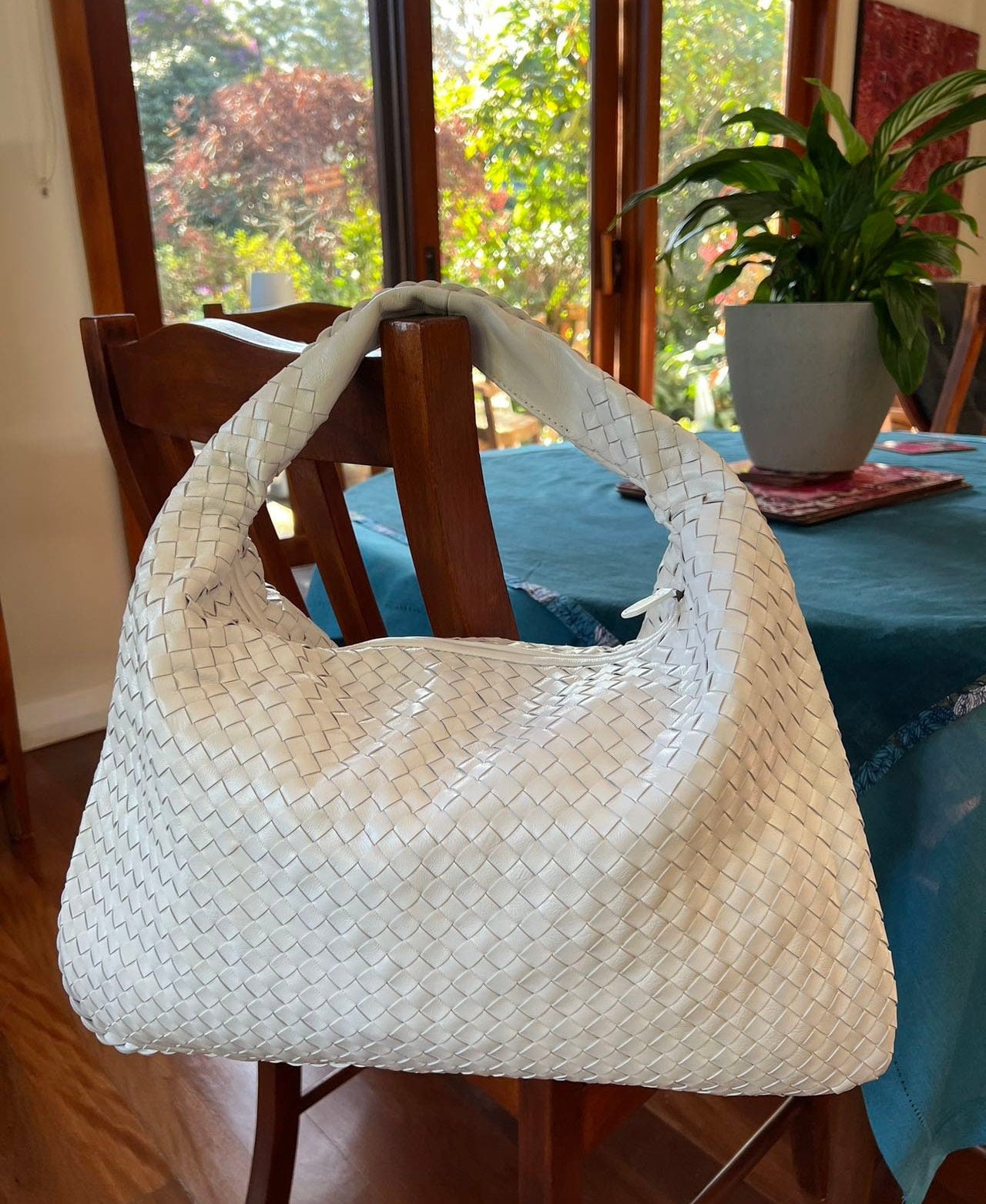 White Lambskin Hobo Bag, Italian Leather Handbag, Large Handwoven Laptop Bag, Woven Dumpling Bag,  Leather Tote Bag, Black, Blue Working Bag