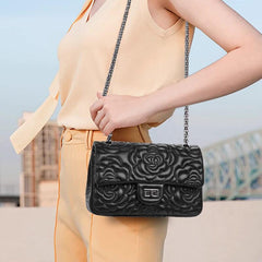 Classic Style Camellia Genuine Leather Shoulder Bag, Minimalist Bag, Iconic Black Crossbody Bag, Quilted Elegant Bag, Eternal Fashion Bag