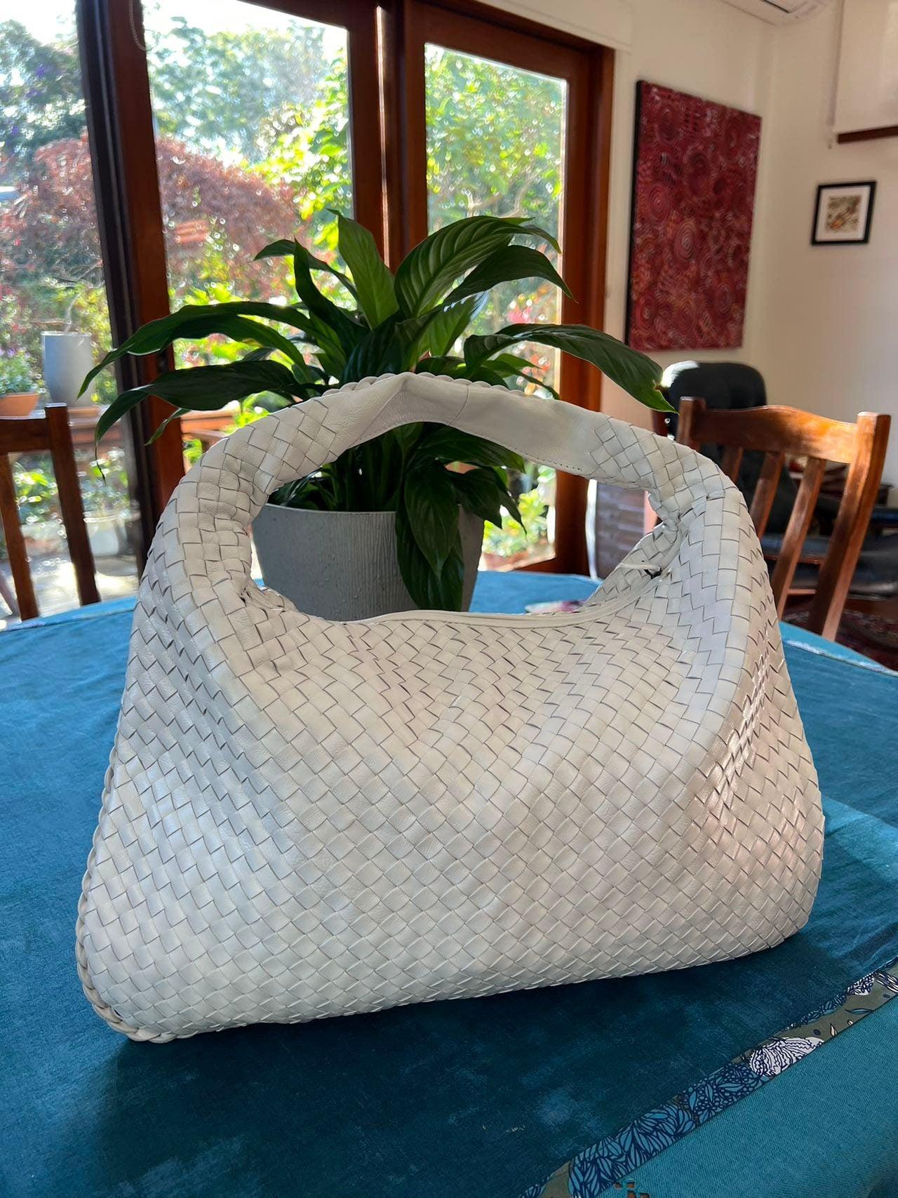 White Lambskin Hobo Bag, Italian Leather Handbag, Large Handwoven Laptop Bag, Woven Dumpling Bag,  Leather Tote Bag, Black, Blue Working Bag