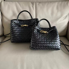 Cowhide Leather Knotted Intrecciato Shoulder Bag, Woven Handbag With Metal Buckle, Daily Fashion Designer Bag, Woven Shoulder Purse, black