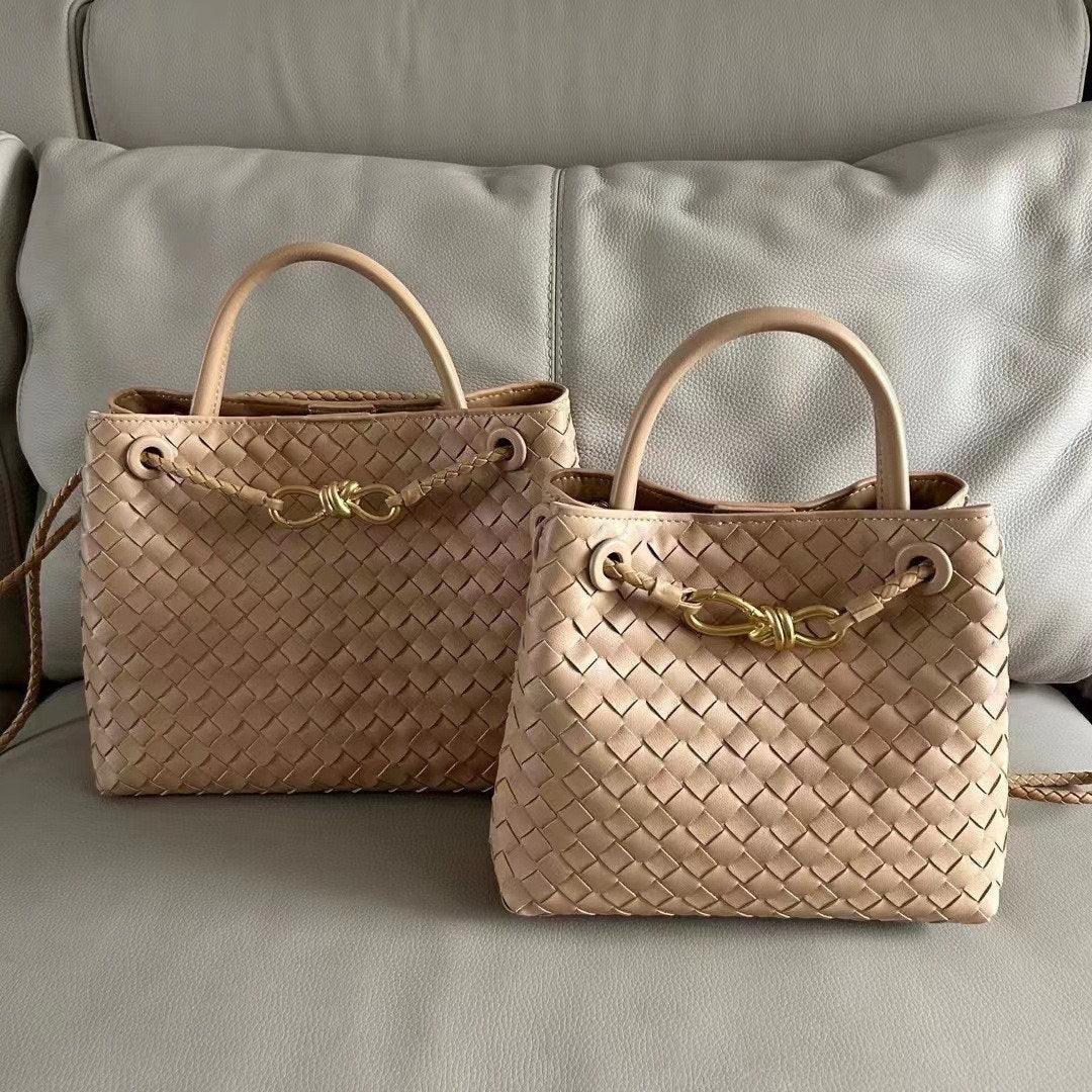 Cowhide Leather Knotted Intrecciato Shoulder Bag, Woven Handbag With Metal Buckle, Daily Fashion Designer Bag, Woven Shoulder Purse, apricot