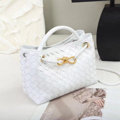 Lambskin Leather Knotted Intrecciato Shoulder Bag, Woven Handbag With Metal Buckle, Daily Fashion Designer Bag, Woven Shoulder Purse, white