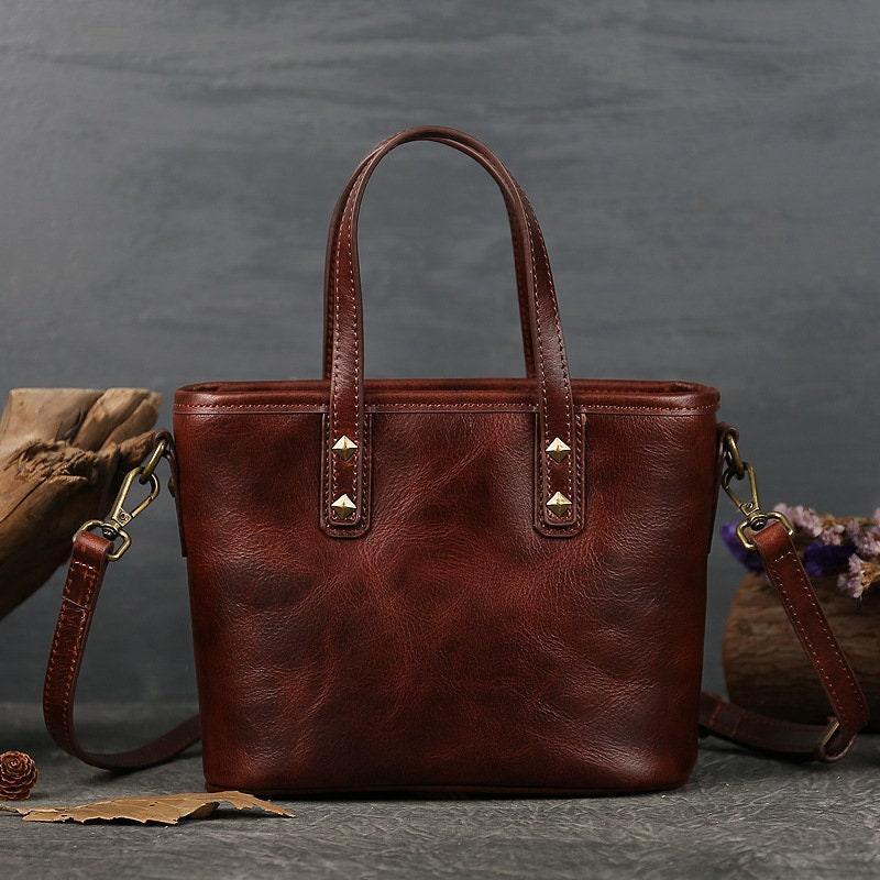Italian Black & Brown Leather Crossbody Shoulder Mini Small Bag | Women Ladies Minimalist Bucket Bag | Full Grain Leather Handbag