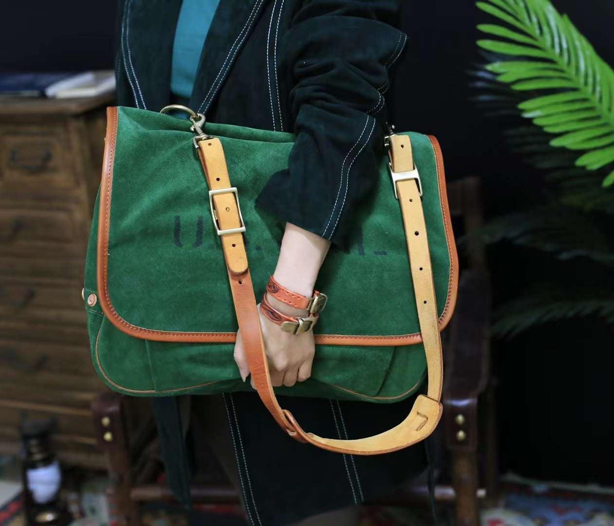 Italian Cowhide Leather Suede Large Everyday Bag, Leather 16-inch Laptop Bag, Leather Tote Bag, Weekend Bag, Men's Shoulder Bag, Mummy Bag, Grass Green