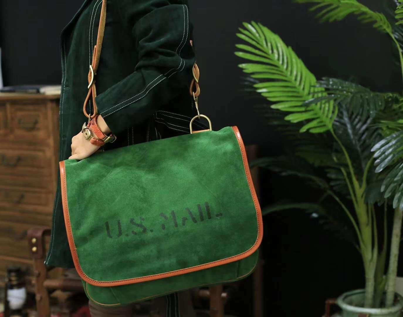Italian Cowhide Leather Suede Large Everyday Bag, Leather 16-inch Laptop Bag, Leather Tote Bag, Weekend Bag, Men's Shoulder Bag, Mummy Bag, Grass Green