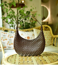 Italian Grain Leather Woven Hobo Shoulder Bag, Cowhide Leather Summer Beach Bag, Triple Jump Bamboo Shoulder Bag, Handcrafted Basket Bag, Coffee