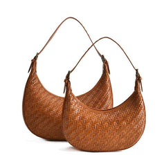 Italian Grain Leather Woven Hobo Shoulder Bag, Cowhide Leather Summer Beach Bag, Triple Jump Bamboo Shoulder Bag, Handcrafted Basket Bag, Tan