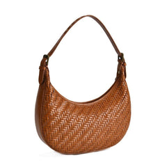 Italian Grain Leather Woven Hobo Shoulder Bag, Cowhide Leather Summer Beach Bag, Triple Jump Bamboo Shoulder Bag, Handcrafted Basket Bag, Brown