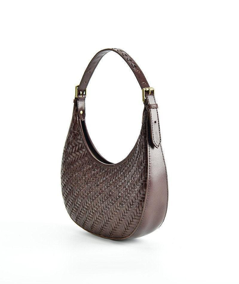 Italian Grain Leather Woven Hobo Shoulder Bag, Cowhide Leather Summer Beach Bag, Triple Jump Bamboo Shoulder Bag, Handcrafted Basket Bag