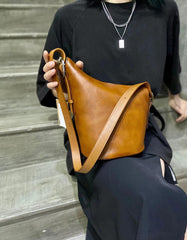Italian Cowhide Leather Bucket Bag, Handcrafted High-End Genuine Leather Shoulder Purse, Women Bucket Crossbody, Tan, Green, Coffee, Red