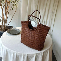 Italy Cowhide Leather Summer Woven Bag, Woven Triple Jump Bamboo Style HandBag, Beach Bag, Basket Bag, Hobo Leather Bag, Gift For Her
