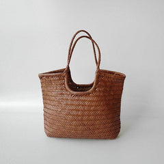 Italy Cowhide Leather Summer Woven Bag, Woven Triple Jump Bamboo Style HandBag, Beach Bag, Basket Bag, Hobo Leather Bag, Gift For Her, Tan