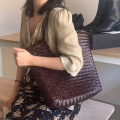 Italy Cowhide Leather Summer Woven Bag, Woven Triple Jump Bamboo Style HandBag, Beach Bag, Basket Bag, Hobo Leather Bag, Gift For Her, Coffee