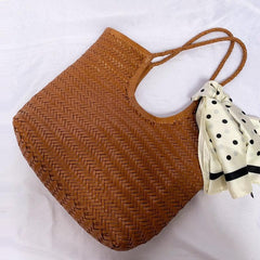 Italy Cowhide Leather Summer Woven Bag, Woven Triple Jump Bamboo Style HandBag, Beach Bag, Basket Bag, Hobo Leather Bag, Gift For Her