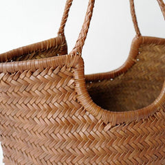 Italy Cowhide Leather Summer Woven Bag, Woven Triple Jump Bamboo Style HandBag, Beach Bag, Basket Bag, Hobo Leather Bag, Gift For Her