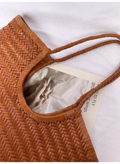 Italy Cowhide Leather Summer Woven Bag, Woven Triple Jump Bamboo Style HandBag, Beach Bag, Basket Bag, Hobo Leather Bag, Gift For Her