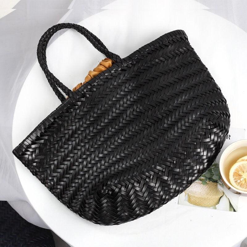 Italy Full Grain Leather Soft Woven Triple Jump Bamboo Style HandBag, Handcrafted Ladies Bag, Basket Bag, Coffee, Black, Brown