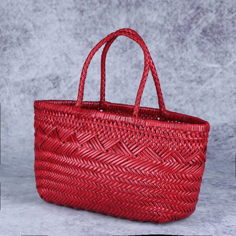 Italy Full Grain Leather Woven Triple Jump Bamboo Style Tote Bag | Handcrafted Ladies Diffusion Bag, Basket Bag | Coffee, Wine, Cinnamon