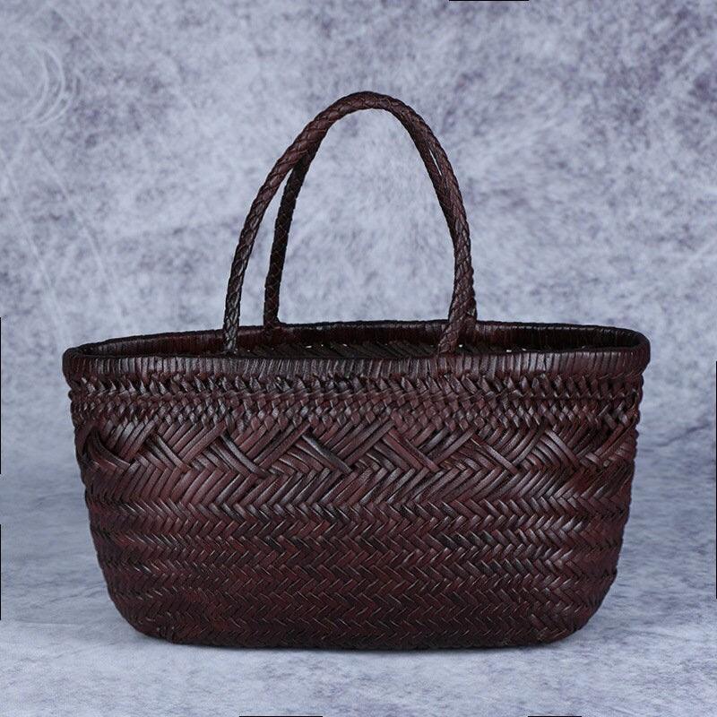 Italy Full Grain Leather Woven Triple Jump Bamboo Style Tote Bag | Handcrafted Ladies Diffusion Bag, Basket Bag | Coffee, Wine, Cinnamon