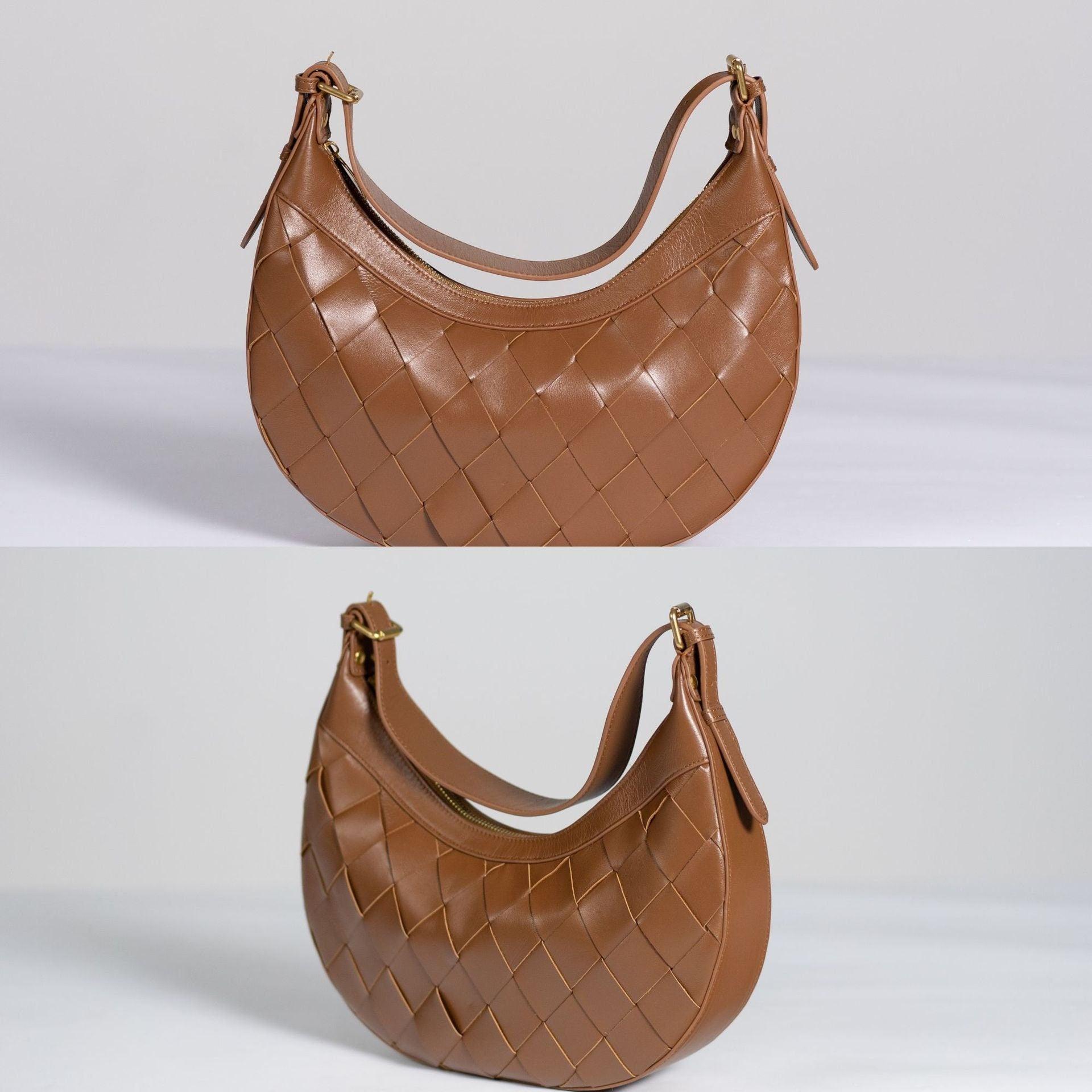 Italy Lambskin Leather Shoulder Bag, Large Intrecciato Saddle Bag, Classic Elegant Designer Tote Bag, Leather Dumpling Bag, Gift to Her, Brown