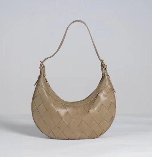 Italy Lambskin Leather Shoulder Bag, Large Intrecciato Saddle Bag, Classic Elegant Designer Tote Bag, Leather Dumpling Bag, Gift to Her, Apricot