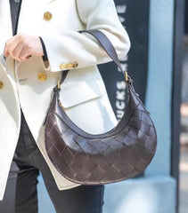 Italy Lambskin Leather Shoulder Bag, Large Intrecciato Saddle Bag, Classic Elegant Designer Tote Bag, Leather Dumpling Bag, Gift to Her, Chocolate