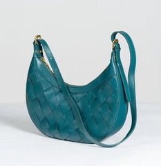 Italy Lambskin Leather Shoulder Bag, Large Intrecciato Saddle Bag, Classic Elegant Designer Tote Bag, Leather Dumpling Bag, Gift to Her, Teal Blue