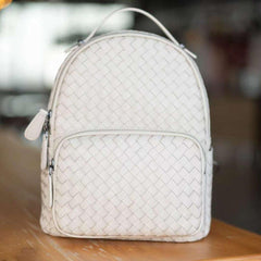Italy Lambskin Leather Small Backpack, Hand Woven Leather Backpack, Designer Bag, Leather Quilted Elegant Shoulder Bag, Classic Backpack, White