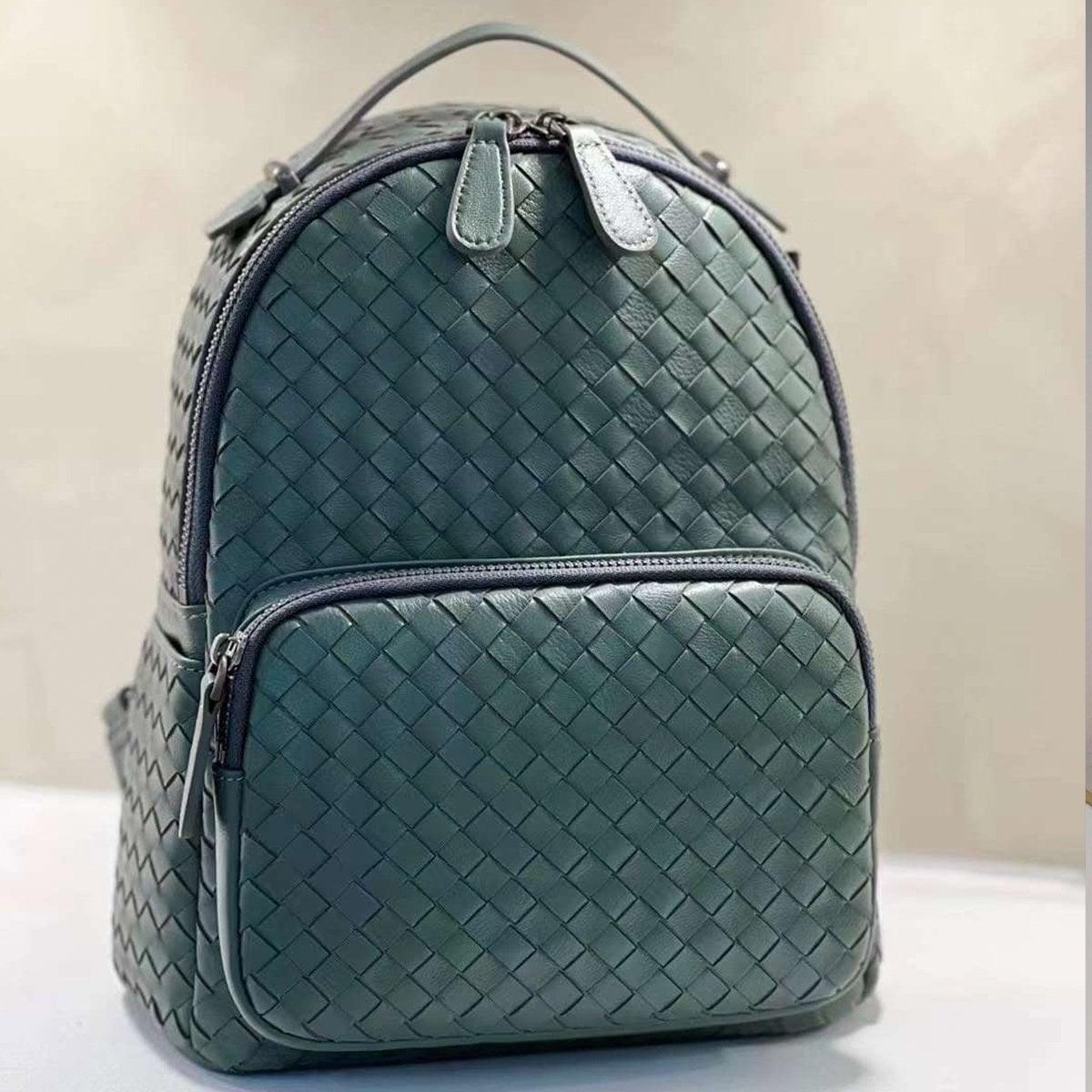 Italy Lambskin Leather Small Backpack, Hand Woven Leather Backpack, Designer Bag, Leather Quilted Elegant Shoulder Bag, Classic Backpack, Grey Blue
