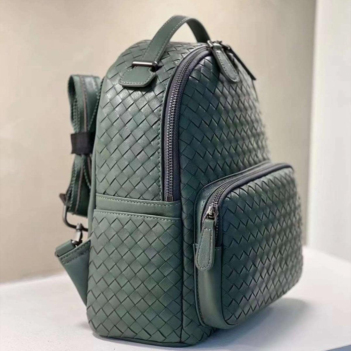 Italy Lambskin Leather Small Backpack, Hand Woven Leather Backpack, Designer Bag, Leather Quilted Elegant Shoulder Bag, Classic Backpack, Haze Blue