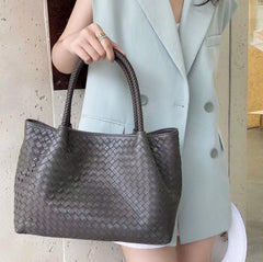 Italy Lambskin Leather Tote, Large Intrecciato Leather Bag, Classic Elegant Tote in Trendy, Designer Bag, Gift to Her, Grey
