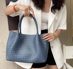 Italy Lambskin Leather Tote, Large Intrecciato Leather Bag, Classic Elegant Tote in Trendy, Designer Bag, Gift to Her, Haze Blue