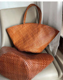 Italy Leather interwoven Hobo Large Trapezoidal Tote Bag, Full Grain Leather Triple Bamboo Bag, Summer Beach Bag, Handcrafted Basket Bag