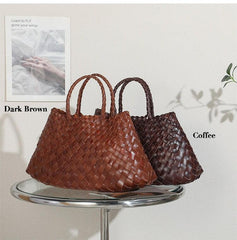 Italy Leather Woven Hobo Trapezoidal Bag, New Style Summer Beach Bag, Full Grain Leather Triple Jump Bamboo HandBag, Handcrafted Basket Bag, Brown