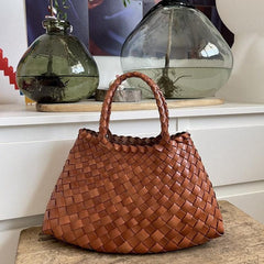 Italy Leather Woven Hobo Trapezoidal Bag, New Style Summer Beach Bag, Full Grain Leather Triple Jump Bamboo HandBag, Handcrafted Basket Bag, light brown