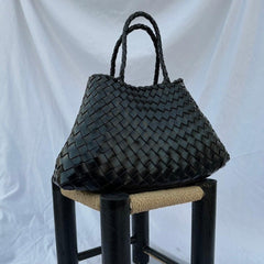 Italy Leather Woven Hobo Trapezoidal Bag, New Style Summer Beach Bag, Full Grain Leather Triple Jump Bamboo HandBag, Handcrafted Basket Bag, Black