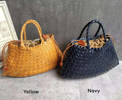 Italy Leather Woven Hobo Trapezoidal Bag, New Style Summer Beach Bag, Full Grain Leather Triple Jump Bamboo HandBag, Handcrafted Basket Bag