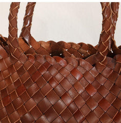 Italy Leather Woven Hobo Trapezoidal Bag, New Style Summer Beach Bag, Full Grain Leather Triple Jump Bamboo HandBag, Handcrafted Basket Bag