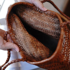 Italy Leather Woven Hobo Rectangle Tote Bag, Summer Beach Bag, Full Grain Leather Triple Jump Bamboo HandBag, Handcrafted Basket Bag